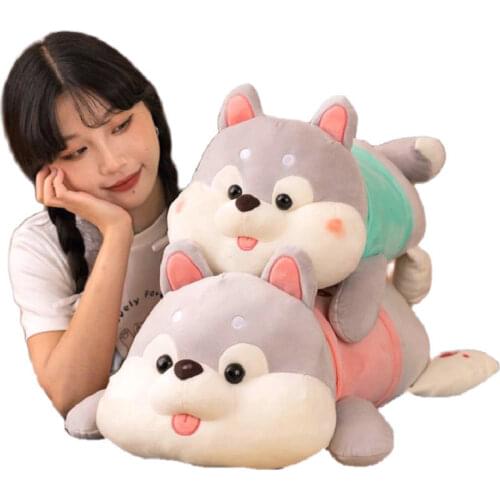 35-80cm Cute Face Husky Dog Plush Toy Stuffed Cartoon Animals Lying Dog Massage Pillow Naughty Dog Tongue Out Sleeping Pillow
