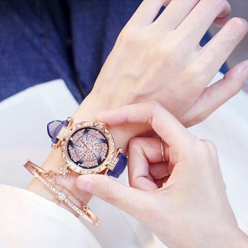 Luxury Starry Sky Watches Bracelet Watches For Women Crystal Leather Ladies Wristwatches Ladies Reloj Mujer （Not Bracelet