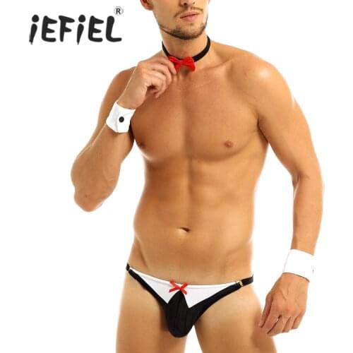 IEFiEL Sexy Mens Lingerie Exotic Sets Bow Tie Tuxedo Thong Jockstraps Bulge Pouch Briefs with Collar and Bracelets