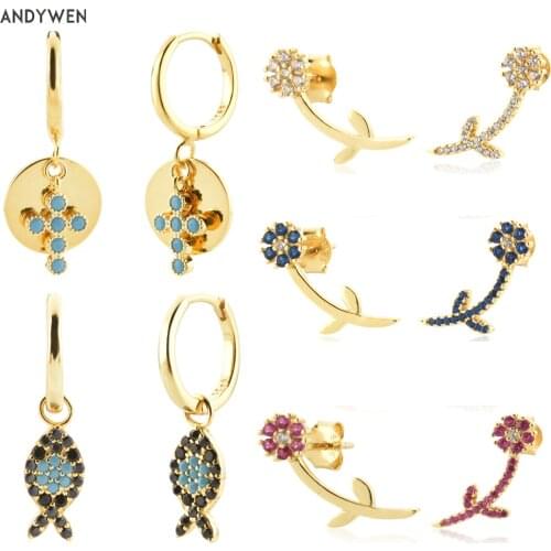 ANDYWEN 925 Sterling Silver Gold Flower Piercing Cross Fish Drop Earring Women Luxury Jewelry Clips Pendiente Wedding Jewelry