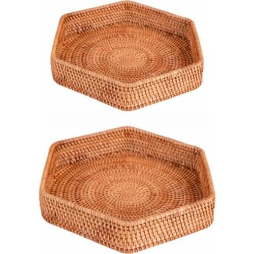 Hexagonal Wicker Rattan Basket Hand Woven Bread Tray Food Fruit Vegetables Candy