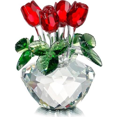 Souvenir Gift Crystal Red Rose Flower Figurine Spring Bouquet Sculpture Ornaments Gift-Boxed Home Wedding Decor Favors