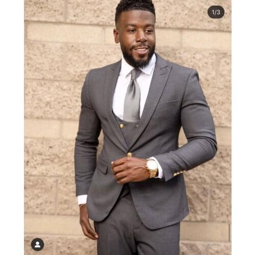 Grey Men Suits 3 Pieces Peak Lapel One Button Costum Homme Groom Prom Wedding Terno Masculino Slim Fit Blazer Jacket+Pant+Vest