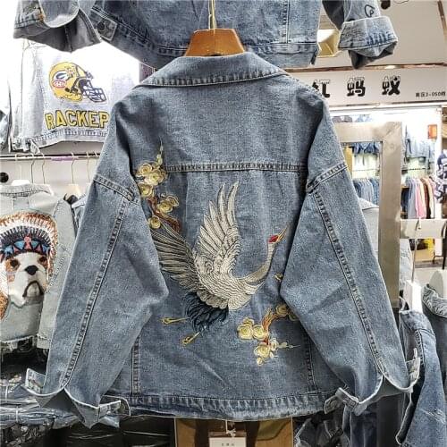 Autumn Korean Fashion Heavy Work Embroidery Crane Denim Jacket Coat Women Loose Student Outerwear Black Blue Jeans Jacket Female