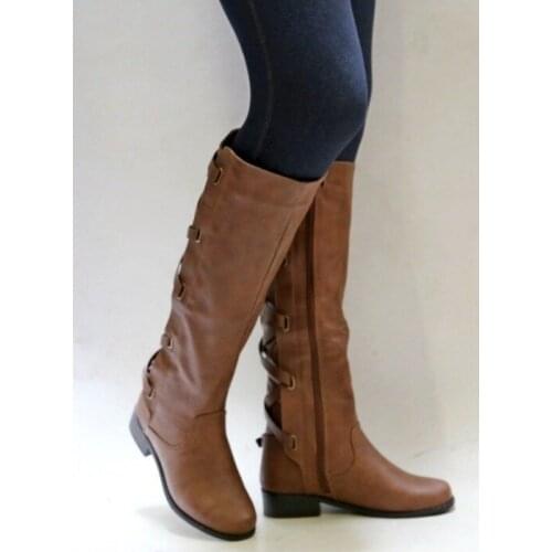 Women Boots Buckle Strap Cross Tie Boots Knee-high Punk Low Thick Heel Side Zipper Female Ladies Shoes Winter Shoes Boots