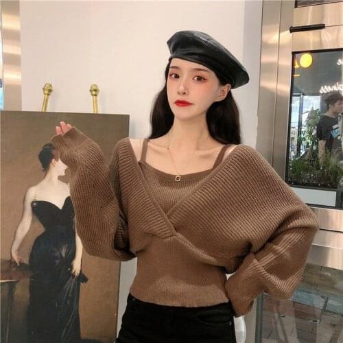 Jumpers Autumn Sexy V Neck Long Sleeve White Fake Two Pieces Sweaters Crop Pull Femme Korean Chic Retro All-match Solid Tops