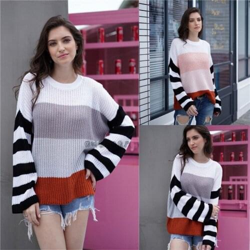 Sweater female 2021 autumn and winter new womens striped stitching sweater pullover temperament loose sweater