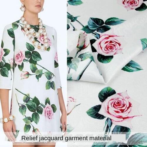145 cm wide brand rose printed jacquard polyester fashion ladies clothing printed fabric cloth for dress by the meter sewing