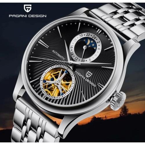 PAGANI DESIGN military business watch men moon phase mechanical men watch simple stainless steel strap wristwatch reloj hombre