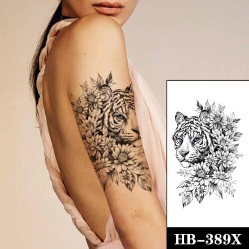 Balck Tiger Blue Eyes Waterproof Temporary Tattoos Sticker Flowers Leaves Fake Tattoo Body Art Arm Flash Tatoos for Women Men