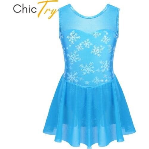 ChicTry Kids Princess Dancewear Sleeveless Mesh Splice Snowflake Pattern Gymnastics Leotard Girls Ballet Dress Ballerina Costume