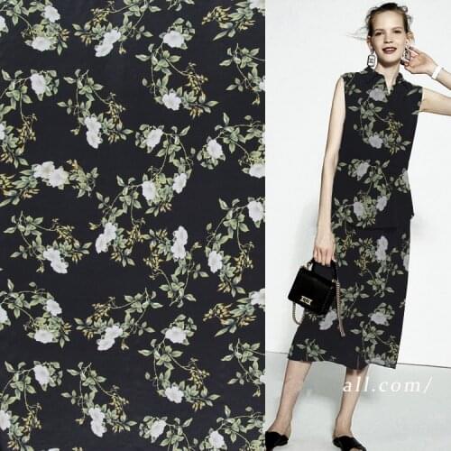 Floral print on on black pure silk Crepe DE chine fabric 140cm width,SCDC972