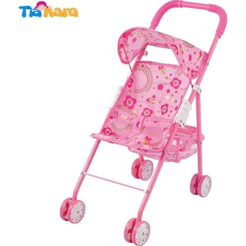 Foldable Doll Stroller Pram with Swiveling Wheels Toddlers Kid Baby Doll Playing Infant Carriage Trolley Nursery Toys Girls Pink