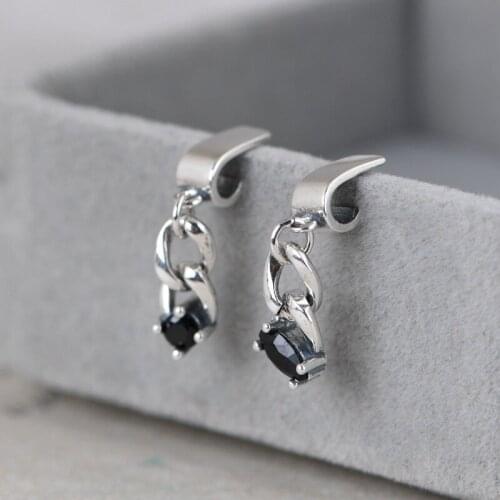 FNJ Tassel Stud Earrings 925 Silver New Fine 100% Pure S925 Sterling Silver Earring for Women Jewelry Black Zircon