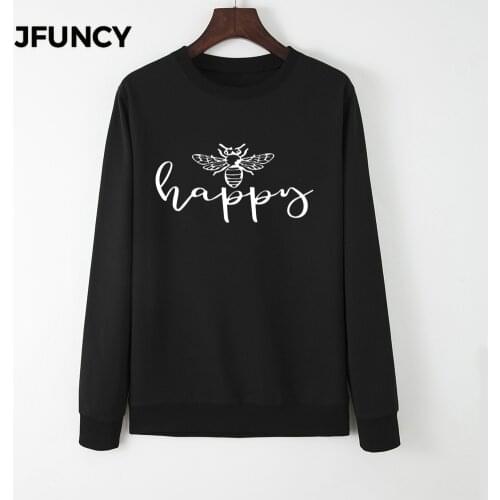 JFUNCY Oversized Women Hoodie Round Neck Long Sleeve Pullover Woman Casual Hoody 2020 Autumn HAPPY Print Tops Mujeres Sweatshirt