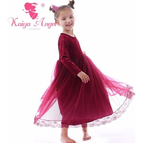 Kaiya Angel Baby Girls Princess Boutique Dress Long Sleeve Cute Suit Burgundy Lace Wedding Birthday Party Clothing Wholesale