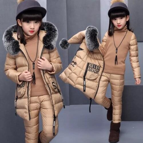 Girls Clothing Sets Hooded Warm Vest Jacket +Warm Top +Cotton Pants 3 Pieces Set Winter Girl Cotton Coat with Fur Hood 3-13Years