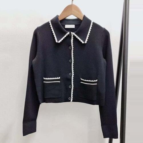 Patads light luxury French single sweater spring and summer lace Lapel short slim sweater women