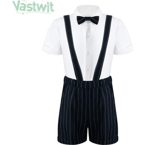 Summer Toddler Boys Gentleman Clothes Suit Kids Short Sleeve Bow Tie Shirt+Stripe Suspender Shorts Formal Wedding Party Outfits