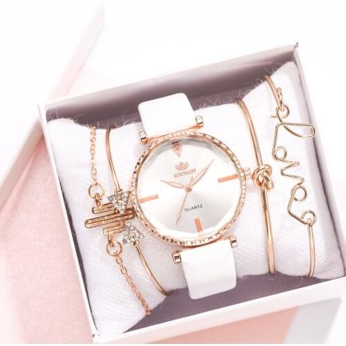 5PCS Watch Set Fashion Leather Band Womens Wristwatch Casual Ladies Bracelet Dress Simple Sports Quartz Clock Relogio Feminino