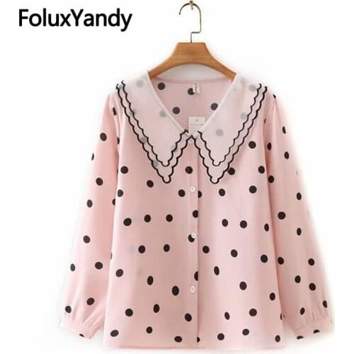 New Sweet Blouse Plus Size Women Shirts Peter Pan Collar Dot Chiffon Long Sleeve Blouse 3XL 4XL Chemise KKFY5652