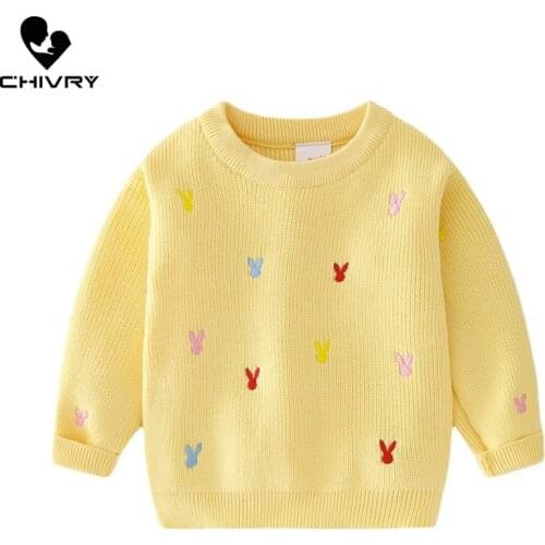 New 2021 Baby Girls Pullover Knitted Sweater Autumn Winter Kids Fashion Rabbit Embroidery O-neck Jumper Sweaters Tops Clothing