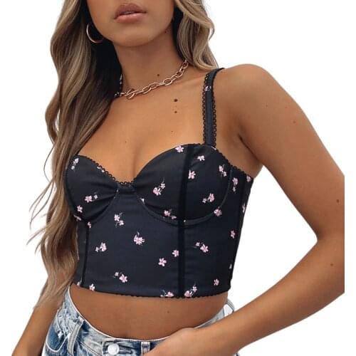 Sexy Floral Bustier Tops Womens Corset Tube Tanks Top Push Up Vest Backless Zip Back Crop Top Summer Straps Tops Party Club