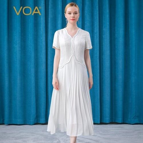 VOA Heavyweight Silk 38m/m Beige Jacquard White Peach Collar Pullover Short Sleeve Contrast Georgette Stitching Dress AE593