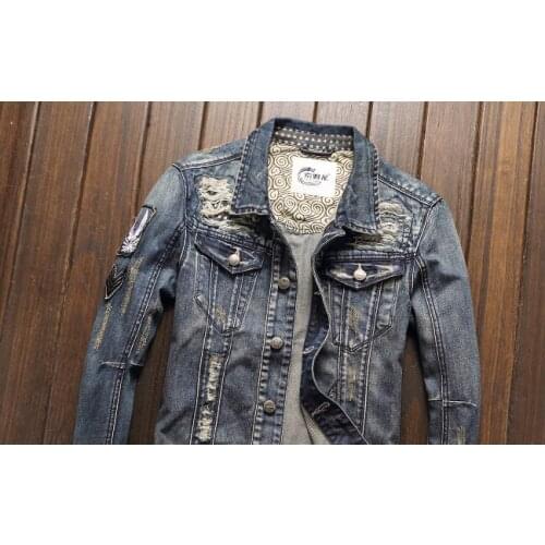 Vintage Mens Biker Motorcycle Distressed Blue Racer Denim Jacket Ripped Patch Hole Casual Slim Fit Coat Drop Shipping