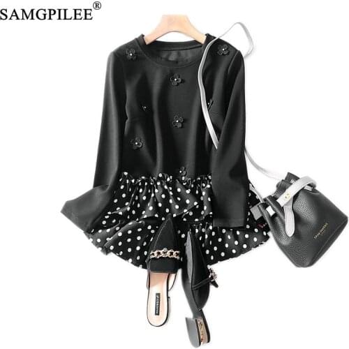 Women Fashion T-shirts Casual T-shirty Damskie Broadcloth Full Sleeve T-shirt Brand Women Appliques Polka Dot Tops For Woman 3XL