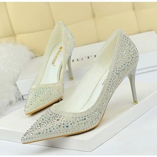 2019 Fashion High Heels Womens Wedding Shoes Sequined Cloth Pointed Toe Thin Heels 7CM Female Pumps Shallow Mouth Women Shoe