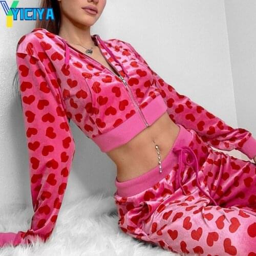 Velvet 2 Piece Set Women Zipper Up Heart Printed Pink Sweatshirt+Straight-leg Pant Women Spring/Fall Basic Tracksuit Velour Suit