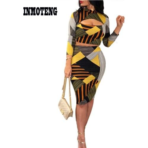 2 Pieces Set Geometric Stripe Print Hollow Out Front Long Sleeve Pencil Club Dress Women Turtleneck Crop Top Bodycon Midi Skirt