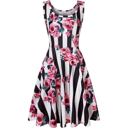 Dress Women O Neck Pink Rose Flower Print Slim Midi Dress Summer Stripe Decorat Casual Holiday A Line Dress