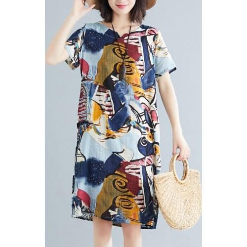 2021 New Short Sleeve Loose Summer Dress Print Pattern Holiday Travel Beach Casual Dress Cotton Linen Vintage Women Dress