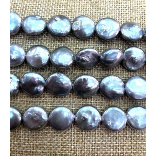 12-15mm Natural Button Coin Genuine gray Freshwater Pearl Jewelry Making 15"