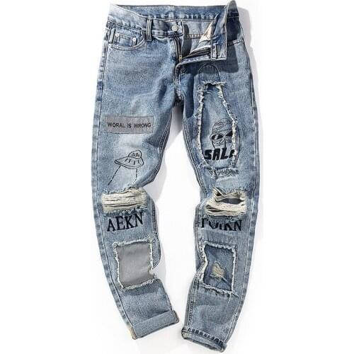 2020 New Arrival Top Fashion God Men Zipper Fly Full Length Popular Logo Straight High Street Printing Hole In Jeans Are Male