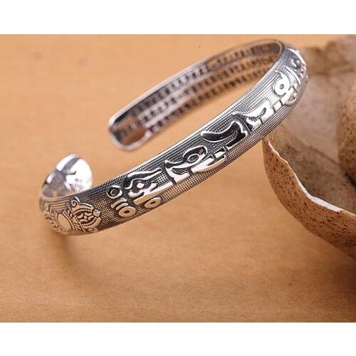 Uglyless Solid 999 Fine Silver Jewelry Women Heart Sutra Buddhistic Open Bangles Thai Silver Mantra Bangles Silver Bijoux BA730