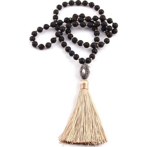 Free Shipping Fashion Black Lava Stones Bohemian Tribal Jewelry Oval Pearl Crystal Ball & Tassel Necklace