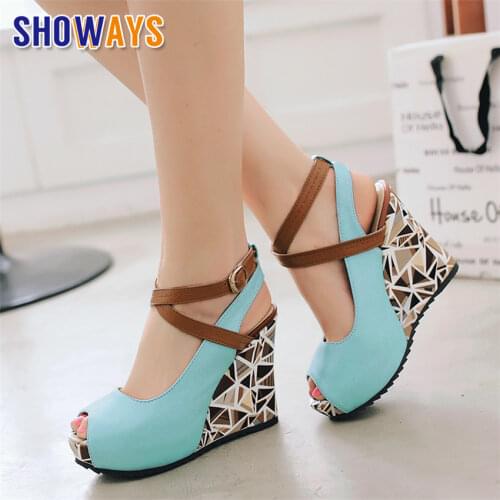 Pink Blue Woman Platform Wedge Sandals High Thick Heel Casual Party Sweet Lady Summer Cross Ankle Strap Peep Toe Gladiator Shoes