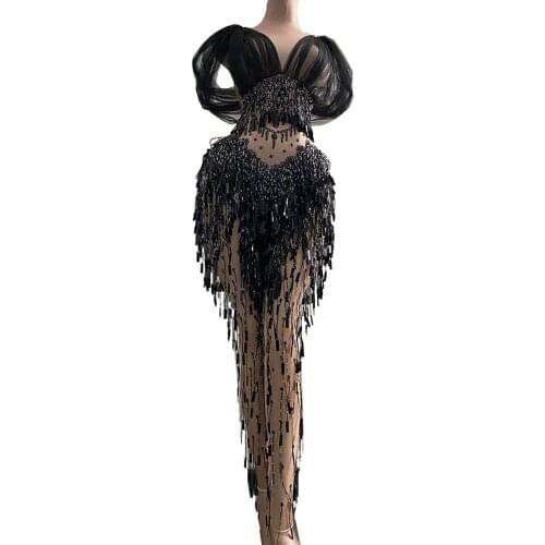 Black Nightclub Prom Celebration DJ Singer Stage Jumpsuit Women Sexy Mesh Tassel Bodysuit Dancer Stretch Skinny Nude Romper