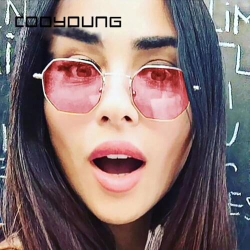 COOYOUNG Fashion Hexagon Square Clear Sunglasses Women Brand Designer Men Vintage Metal Frame Mirror Optical Sun glasses UV400