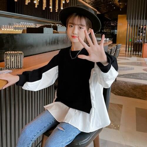 Girls T shirts 2021 Fall New Teenage Girl Two Color Patchwork Loose T shirt Children Top Kids Clothing 6 8 10 12 14 16Year