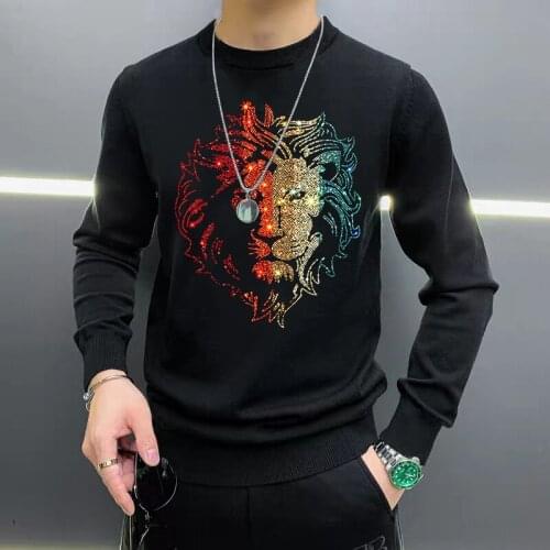 Hot Sale Loose Fashion Mens Sweater Rhinestone Lion Korean Knitted Thick Pullover Winter Clothing