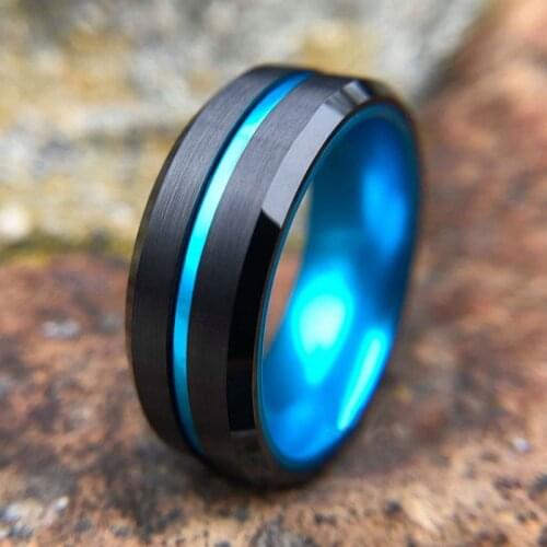 I & FDLK Mens Fashion Blue Groove Ring Black Surface Brushed Personality Stainless Steel Rings Men Wedding Band Jewelry Ring