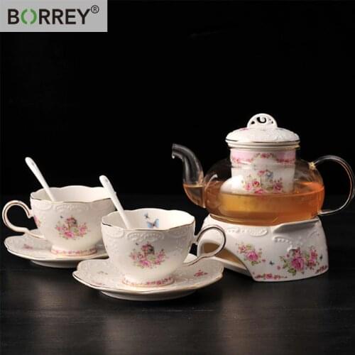BORREY Ceramic Cherry Blossoms Tea Pot Teacup Dish With Strainer And Candle Base Teacup Saucer Set Glass Coffee Pot Kettle Set