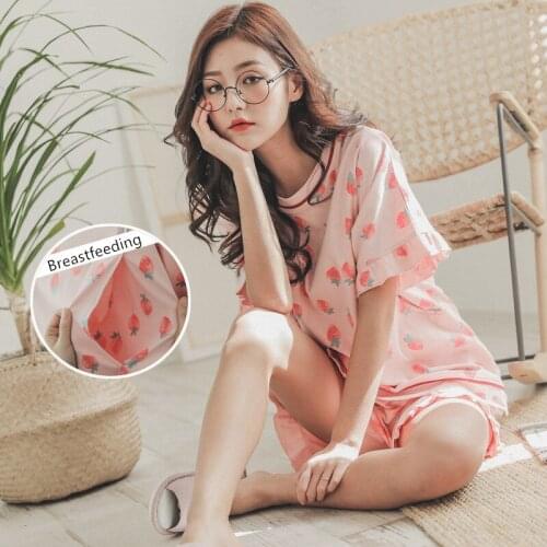 Summer Thin Short Sleeved Maternity Sleepwear 100% Cotton Prenatal + Postnatal Pajamas Pregnant Women Breastfeeding Suits