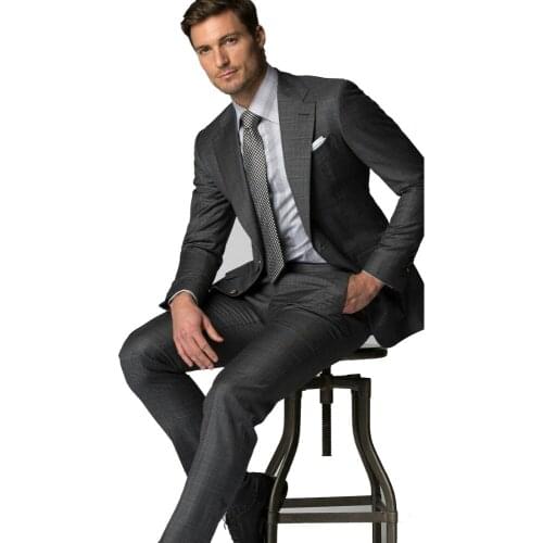 2019 Dark Grey Plaid Stripe Mens Slim Fit Business Suit Men High Quality Tailored Suits Male Wedding Tuxedo Suits Jacket Pants