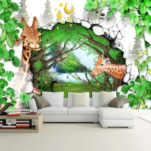 Custom Mural 3D Cartoon Forest Giraffe Animal Poster Photo Wallpaper For Kids Room Living Room Bedroom Decoration Wall Covering