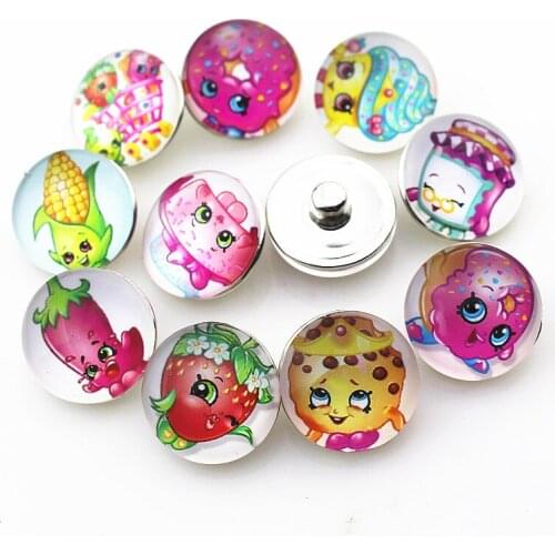 New Arrival Mix 10pcs/lot fruits cartoon Snap Button pretty Glass Snap Buttons Fit bangle 18mm DIY Snap Bracelet Jewelry